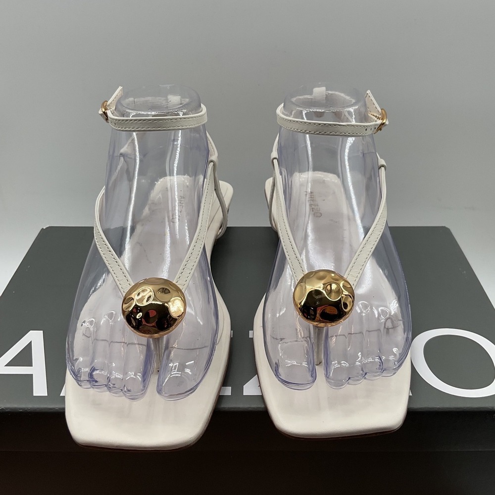 Arezzo White Nappa Leather Square Toe Flat Sandals Gold Orb Accents Size 6B